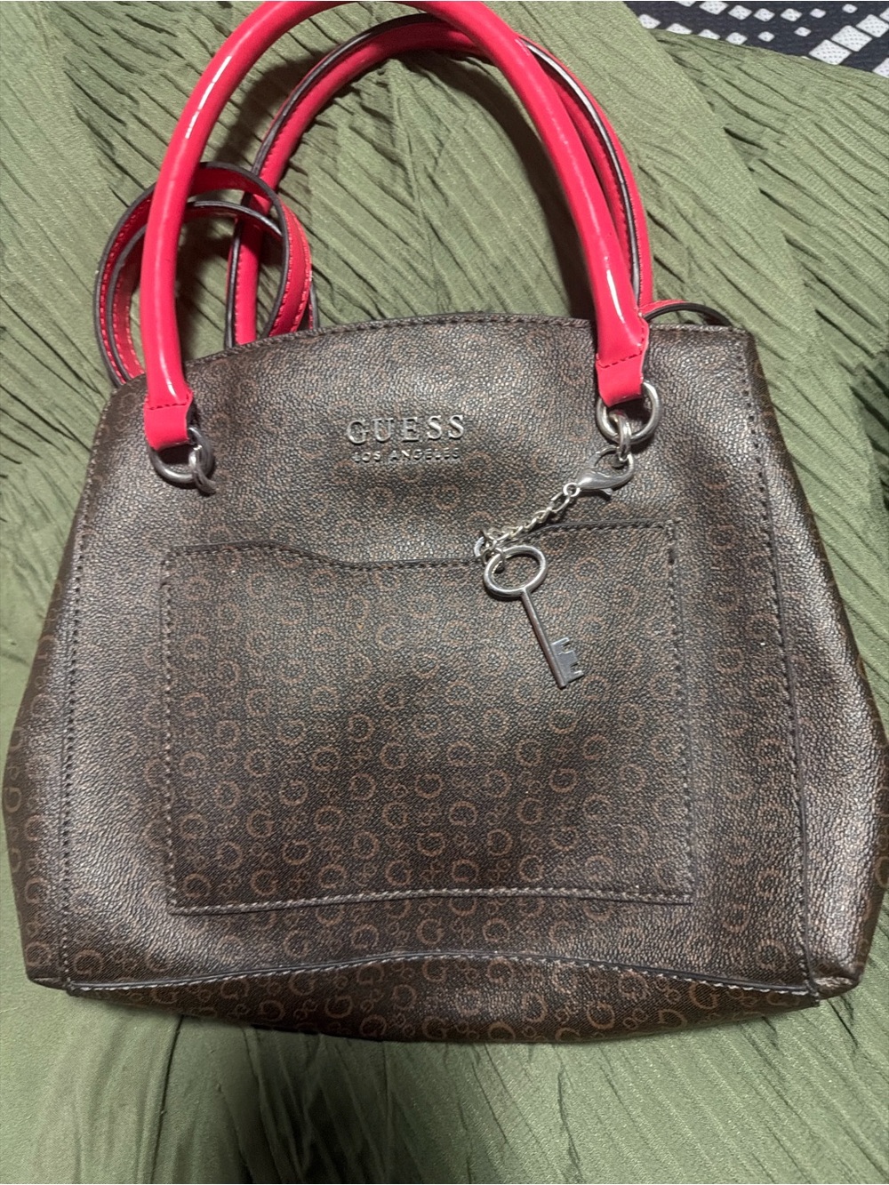 G by Guess Brown Logo Satchel with Pink Handles